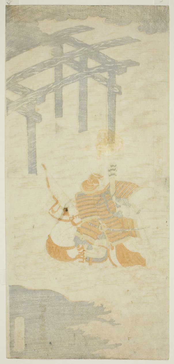 De krijger Sasaki Shiro Takatsuna steekt te paard de rivier de Uji over door Torii Kiyomitsu I