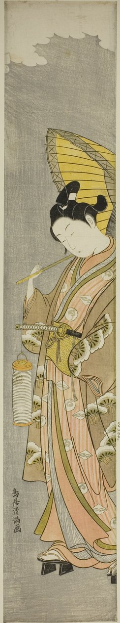 Jonge man met paraplu en lantaarn door Torii Kiyomitsu I
