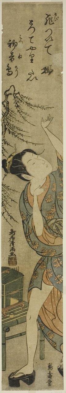Jonge vrouw laat een vogel los door Torii Kiyomitsu I