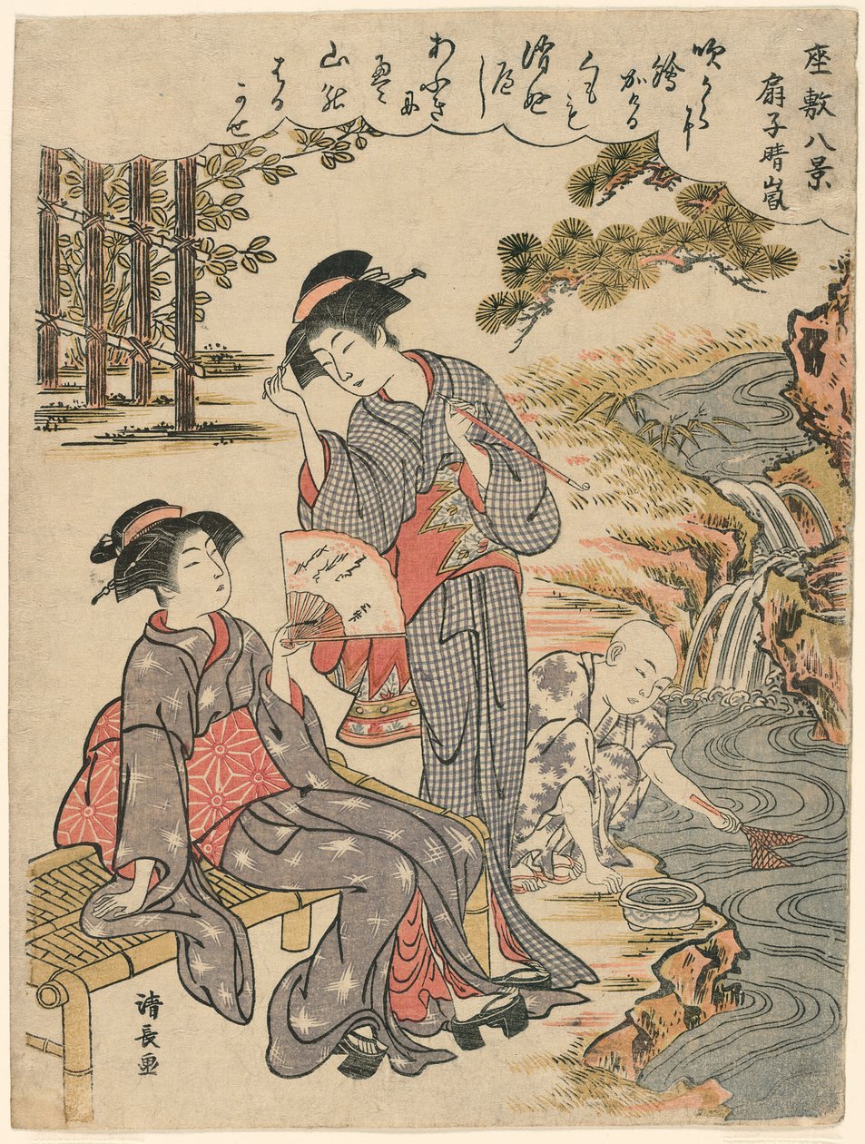 Een waaier die een verspreide storm suggereert uit de serie Acht scènes van de salon door Torii Kiyonaga