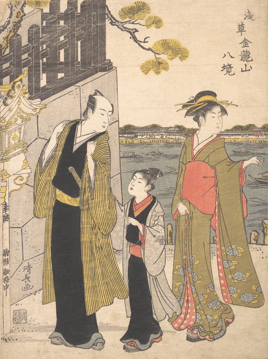 Een man met een jongen en een geisha die de Kinryusan-tempel bezoeken, ca. 1787 door Torii Kiyonaga