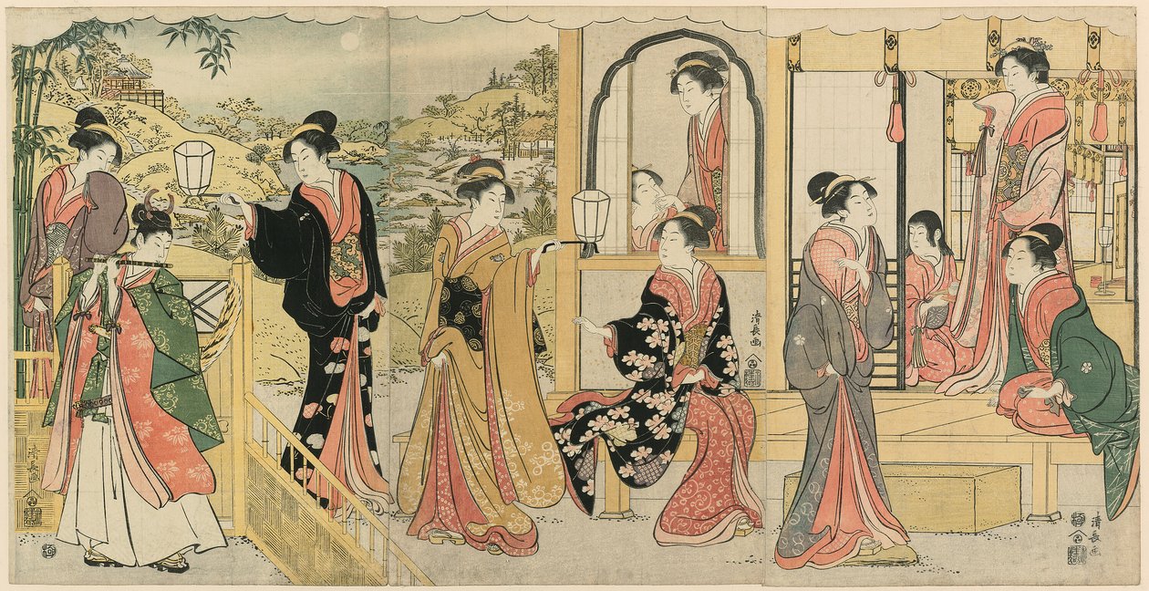 Een moderne versie van Ushiwakamaru die prinses Joruri serenade brengt door Torii Kiyonaga