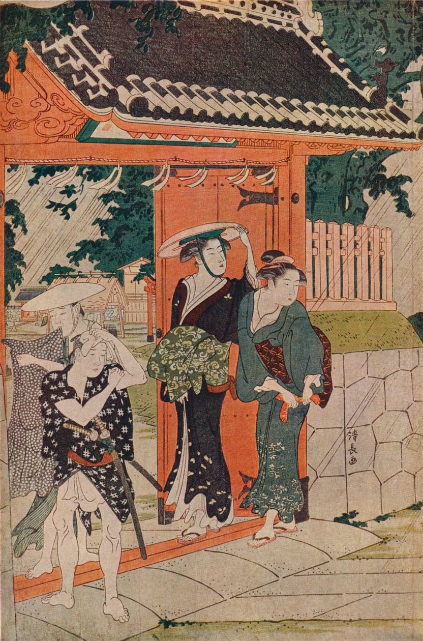 Een plotselinge bui bij het Mimeguri Inari-heiligdom, 1787 door Torii Kiyonaga