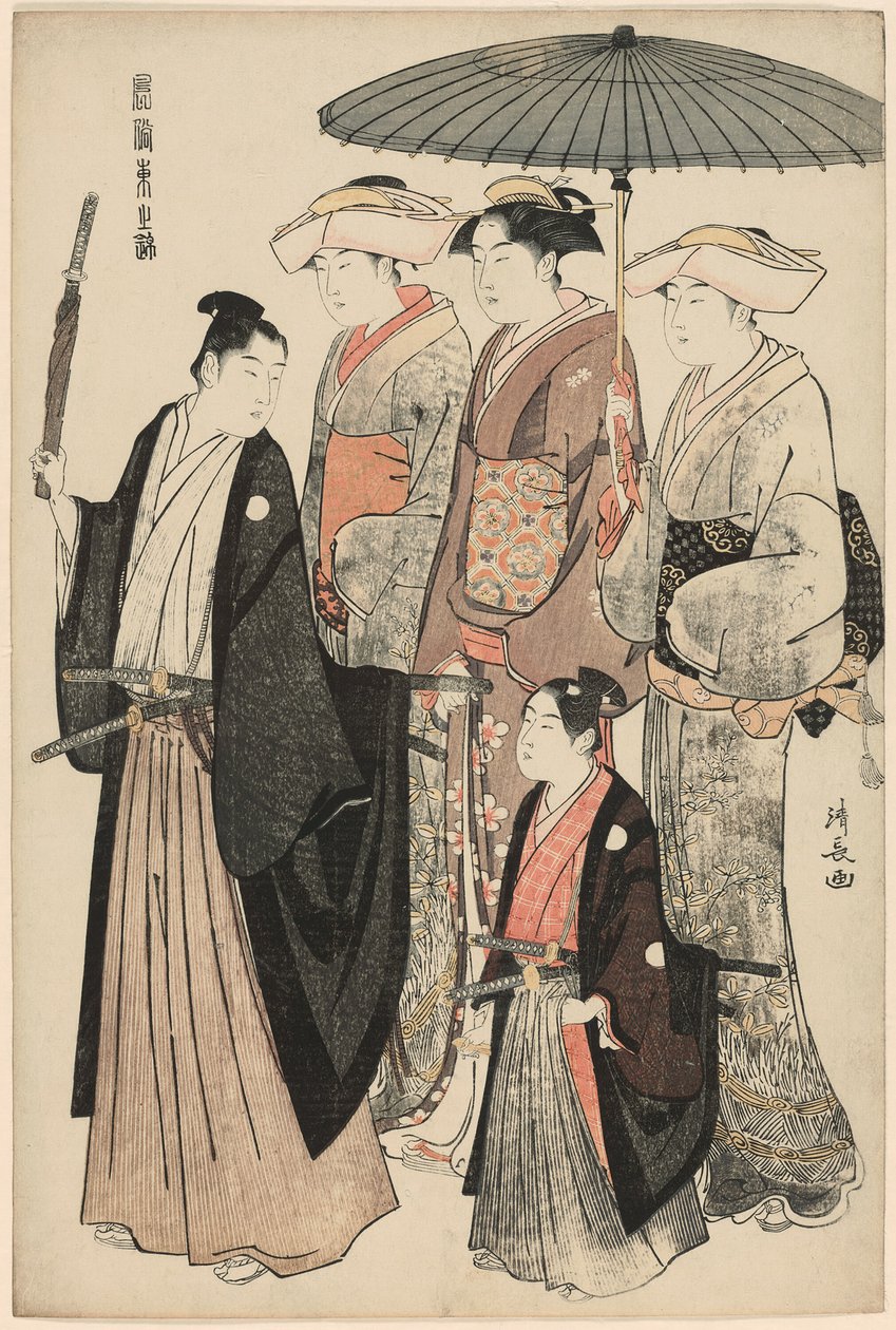 Een Jonge Edelman, Zijn Moeder en Drie Dienaren, uit de serie "Een Brokaat van Oosterse Manieren (Fuzoku Azuma no nishiki)" door Torii Kiyonaga
