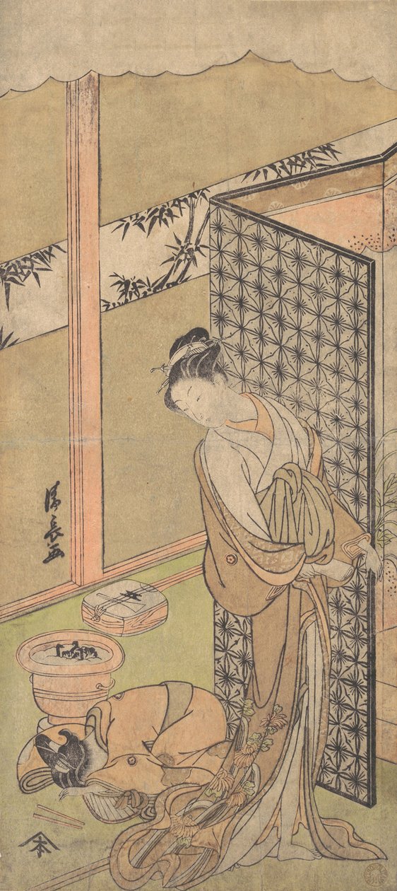 Een Oiran in nachtgewaad, pauzerend, met één hand op het scherm dat haar bed omringt, ca. 1770 door Torii Kiyonaga