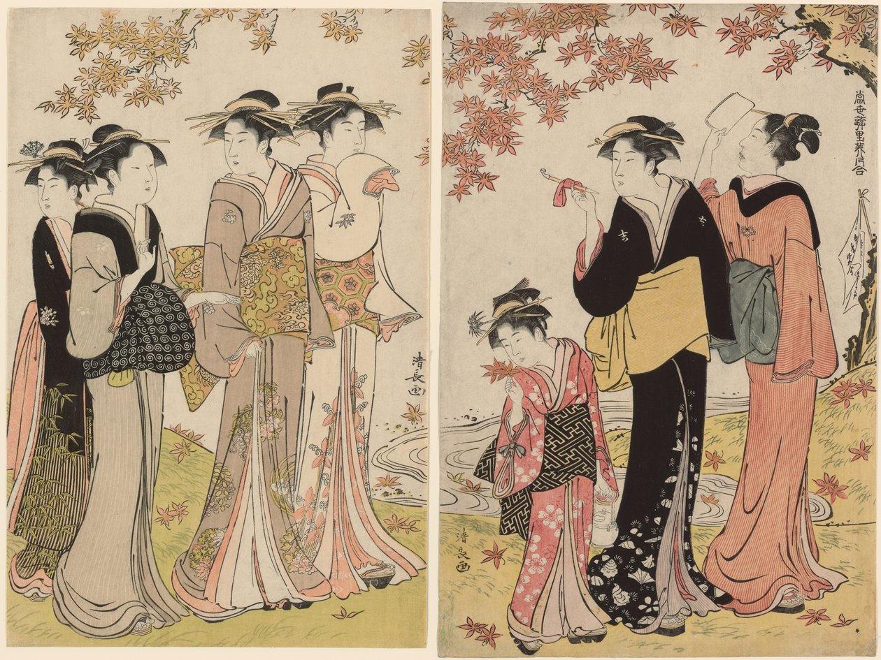 Schoonheden onder een esdoornboom, uit de serie "Een verzameling hedendaagse schoonheden van de plezierwijken (Tosei yuri bijin awase)" door Torii Kiyonaga