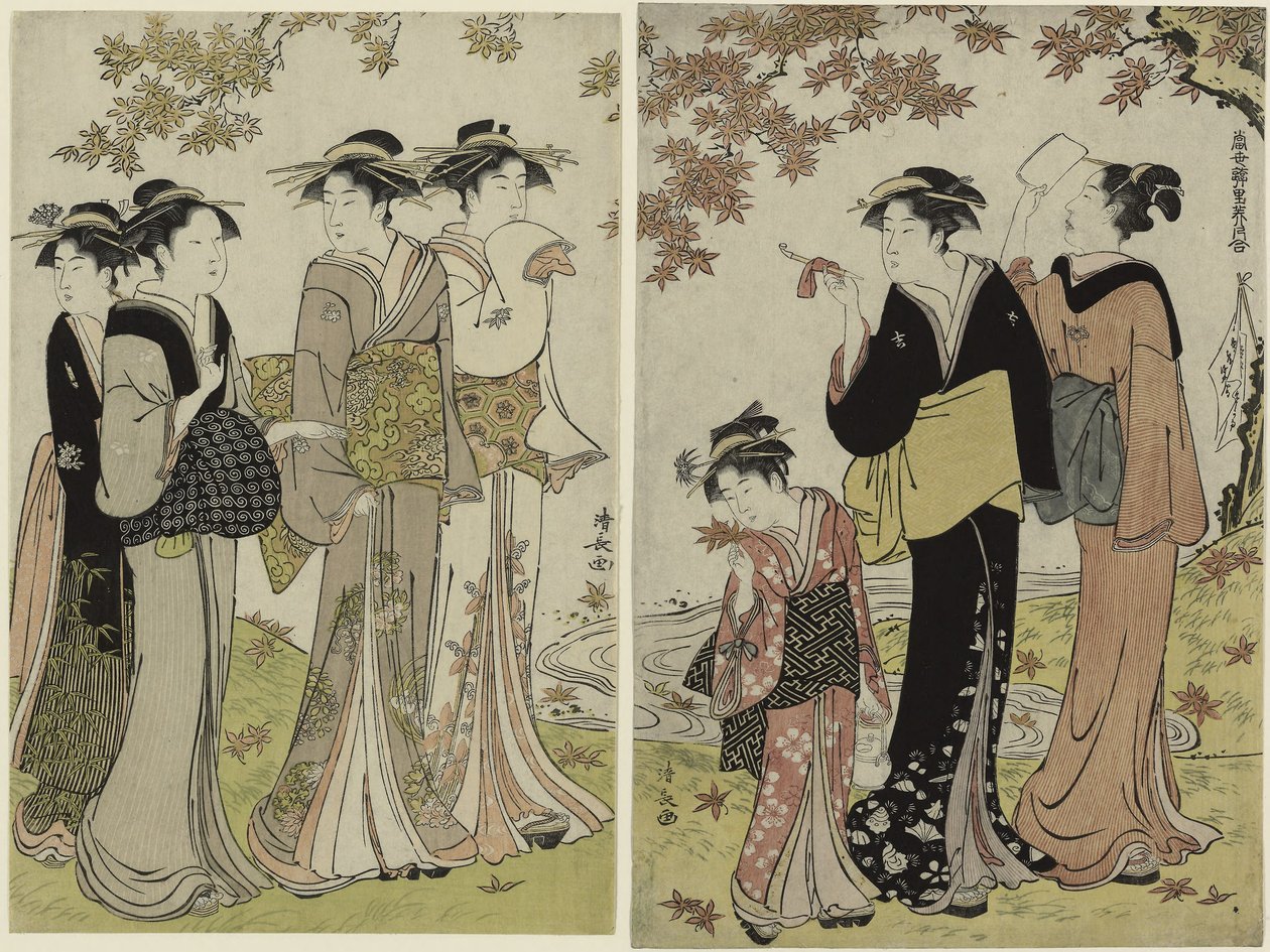 Schoonheden onder een esdoornboom, uit de serie "Een verzameling hedendaagse schoonheden van de plezierwijken" door Torii Kiyonaga