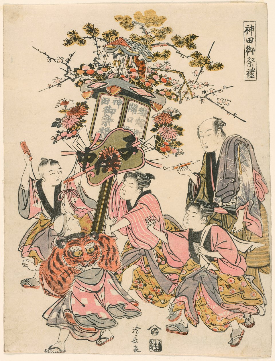 Lantaarn dragen versierd met een paviljoen, Gohei, bloemen en waaier (Sekiguchi-cho Rosoku-cho no banto), uit de serie "Het festival van het Kanda-heiligdom (Kanda go-sairei)" door Torii Kiyonaga