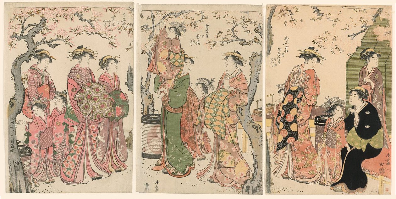 Courtisanes en hun kinderverzorgers onder bloeiende kersenbomen door Torii Kiyonaga