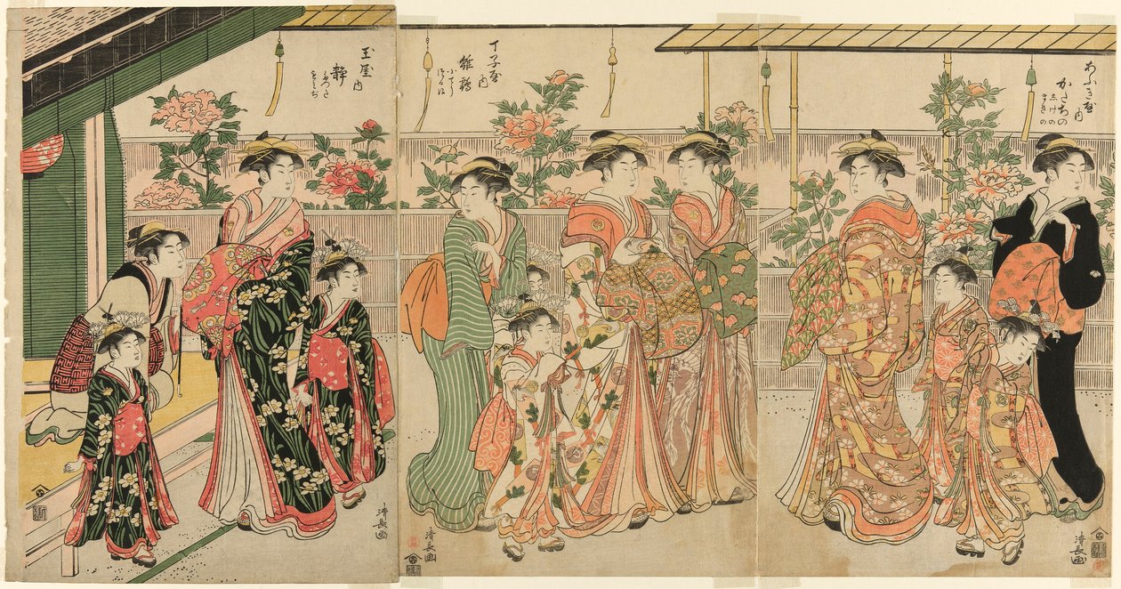 Courtisanes van Yoshiwara en hun bedienden die de pioenen op Nakanocho bekijken door Torii Kiyonaga