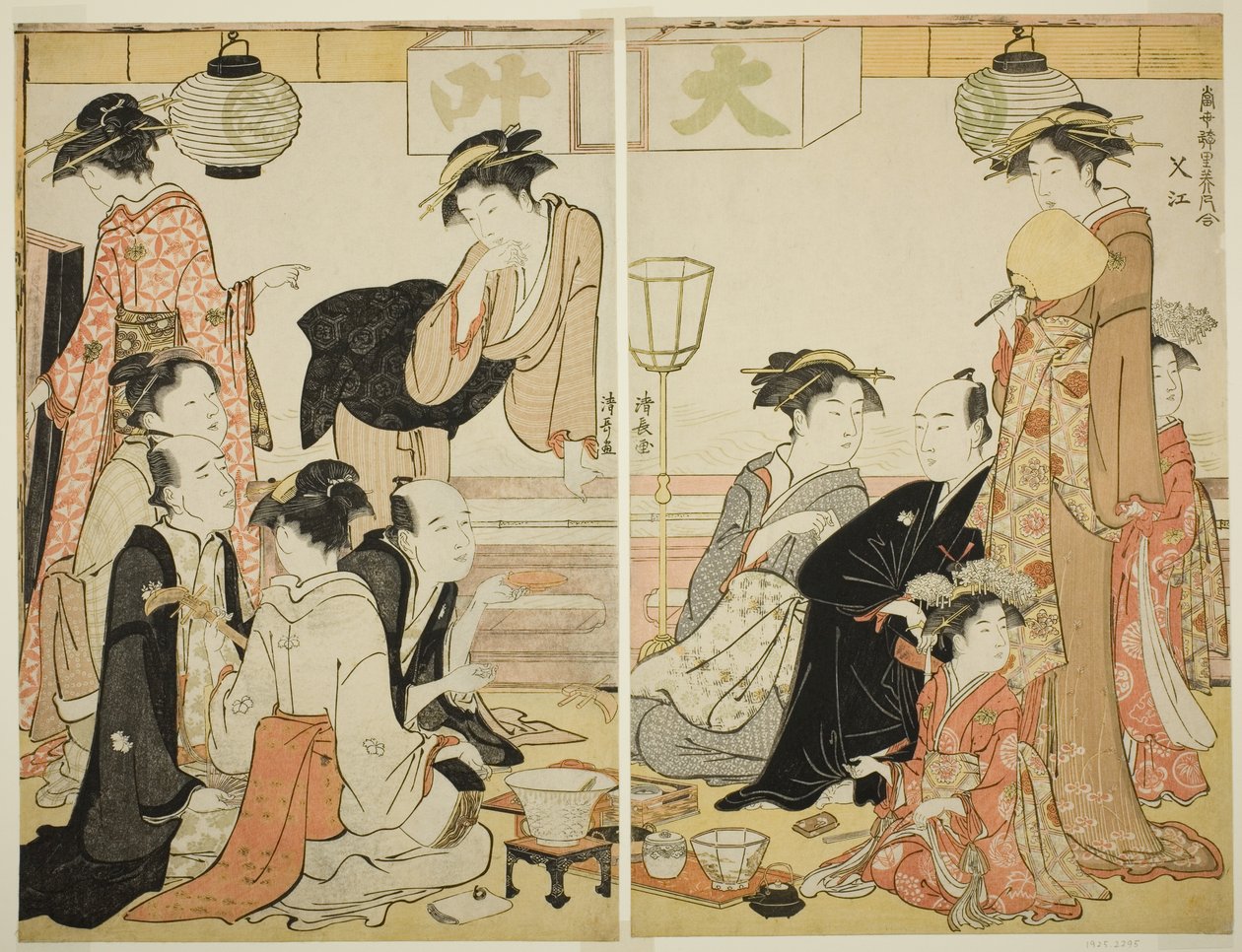 Entertainers van Nakazu, uit de serie "Een verzameling hedendaagse schoonheden van de plezierwijken (Tosei yuri bijin awase)" door Torii Kiyonaga