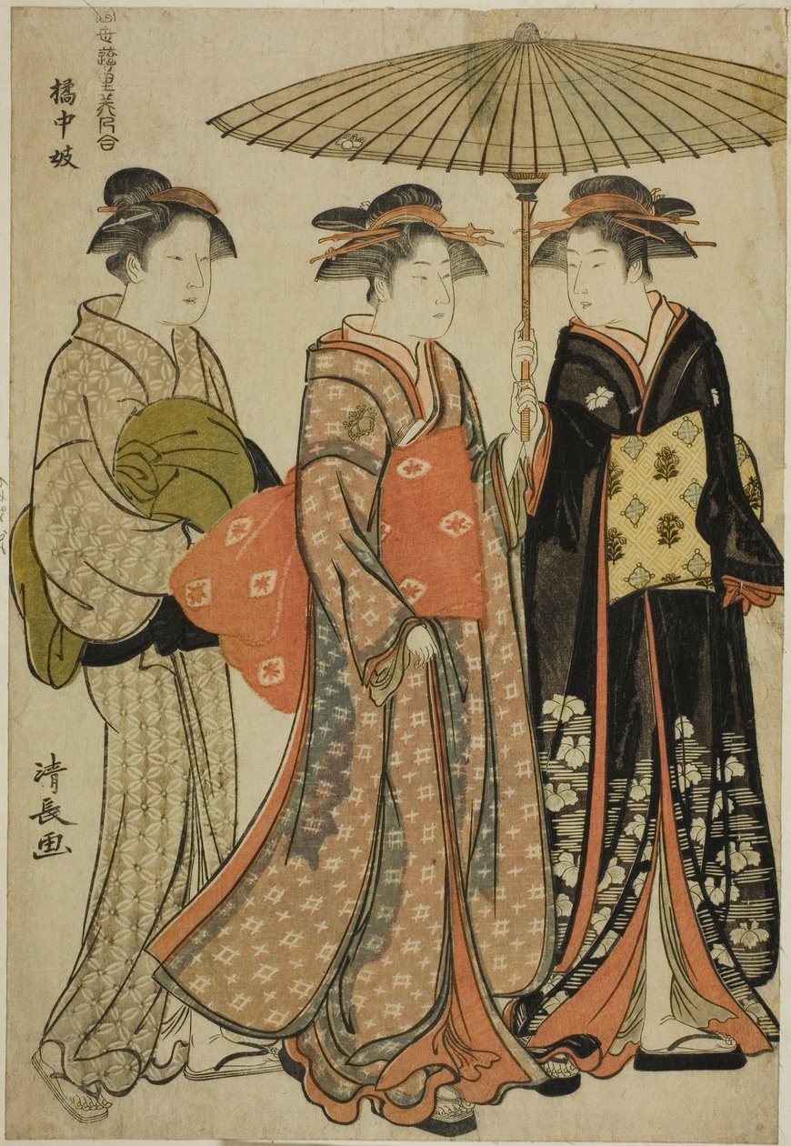 Entertainers van Tachibana, uit de serie "Een verzameling hedendaagse schoonheden van de plezierwijken" door Torii Kiyonaga