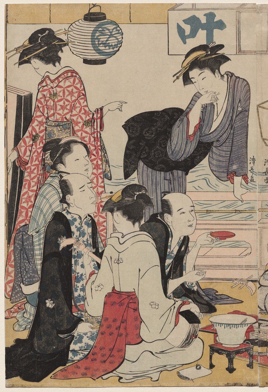 Vermaak op een Balkon bij het Water in Nakasu, uit de serie, Een Verzameling van Mooie Moderne Vrouwen uit de Plezierwijken door Torii Kiyonaga
