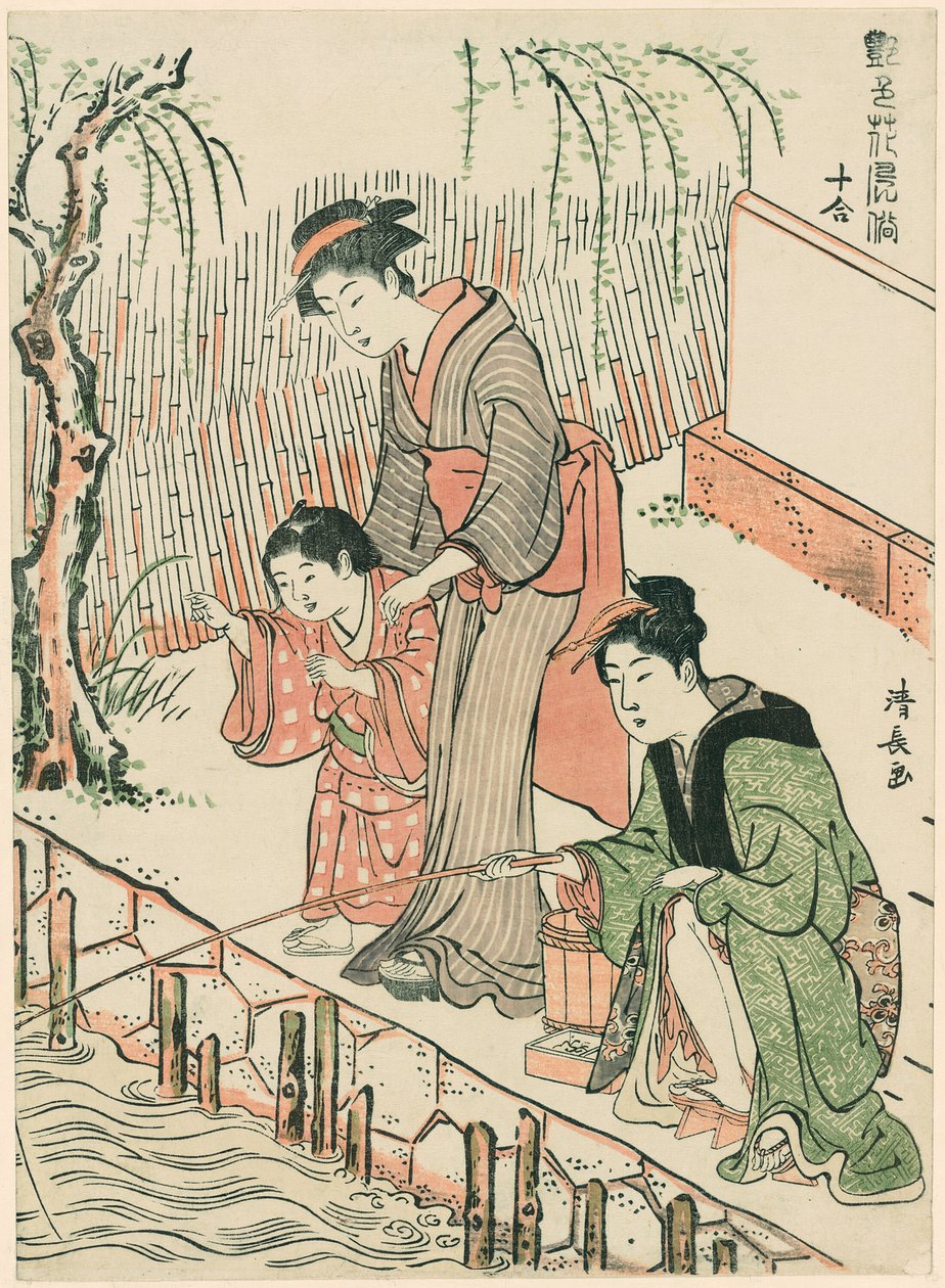 Vissen, uit de serie "Een set van tien schoonheden in bloemachtige stijlen (Enshoku hana fuzoku ju awase)" door Torii Kiyonaga