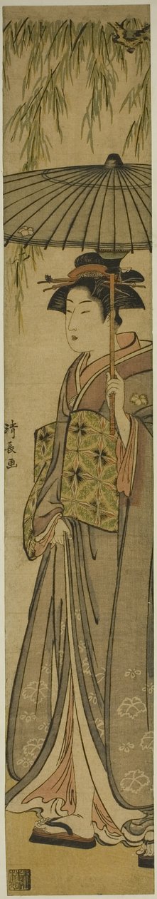 Geisha met parasol onder een wilg door Torii Kiyonaga