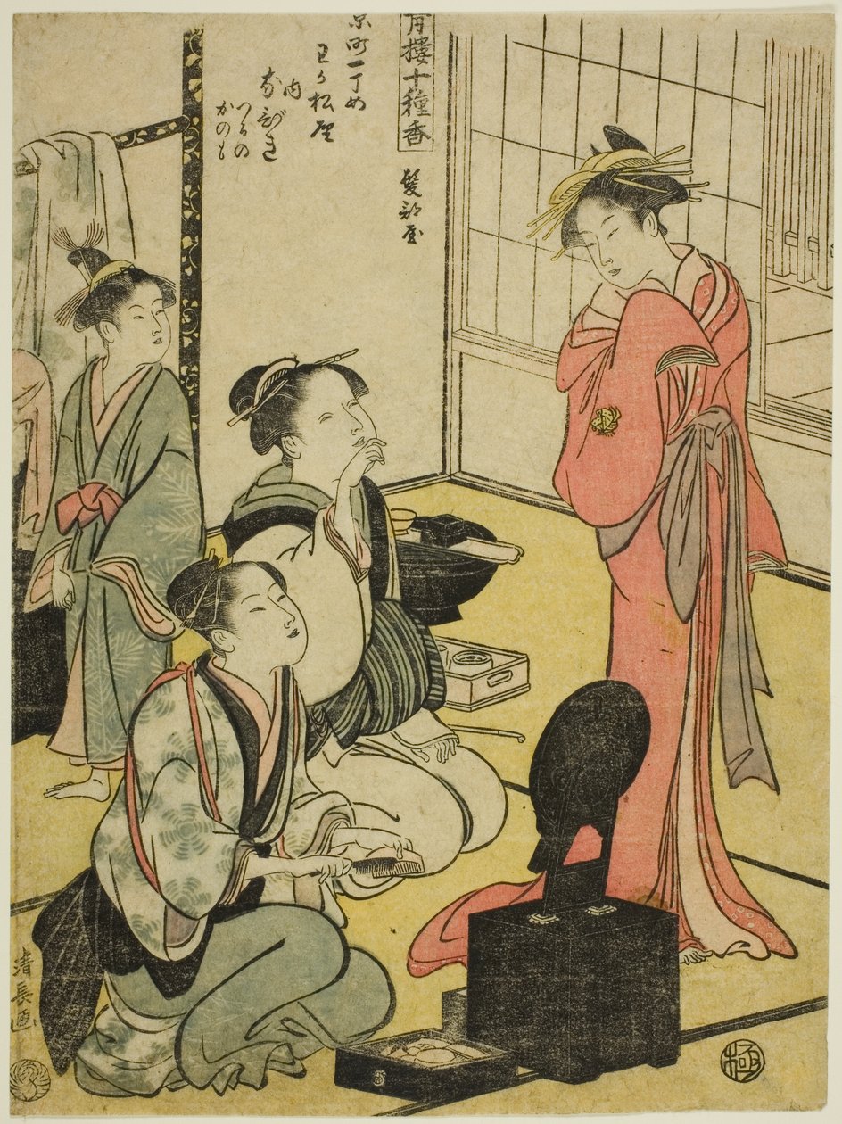 Kapsalon (Kamibeya), uit de serie "Tien Soorten Wierook in de Plezierkwartieren (Seiro jisshu ko)" door Torii Kiyonaga
