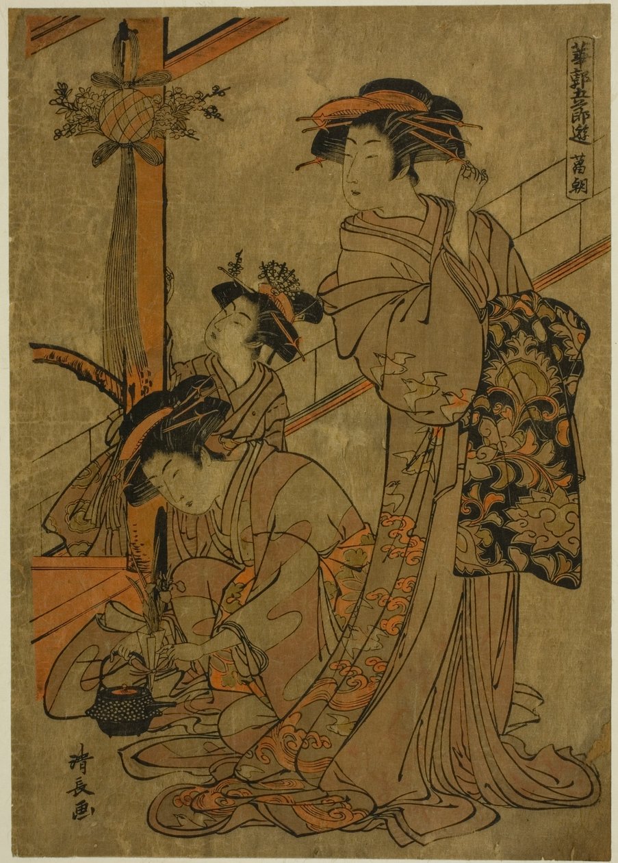 Ochtend van Iris, uit de serie "Vijf Festivals in de Plezierwijken (Hanakuruwa gosechi no asobi)" door Torii Kiyonaga