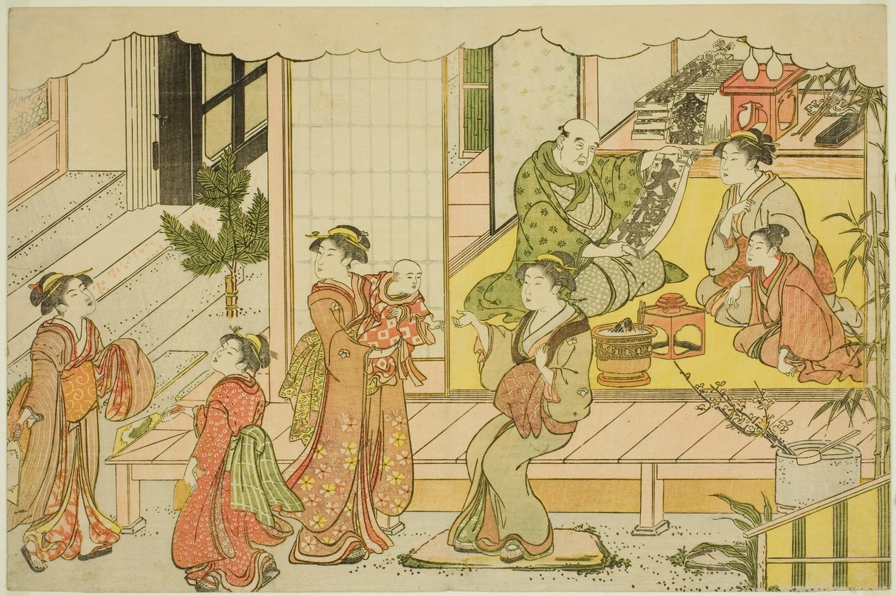 Het Magazijn Openen (Kurabiraki), uit het geïllustreerde boek "Kleuren van de Drievoudige Dageraad (Saishiki mitsu no asa)" door Torii Kiyonaga