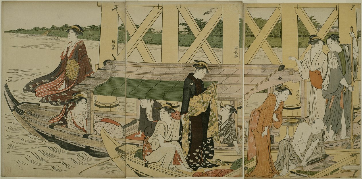 Pleziervaartuigen onder de Azuma-brug door Torii Kiyonaga