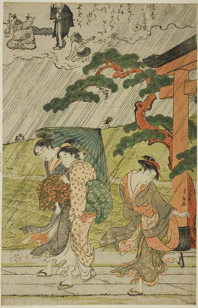 Plotselinge regenbui bij Mimeguri-schrijn door Torii Kiyonaga