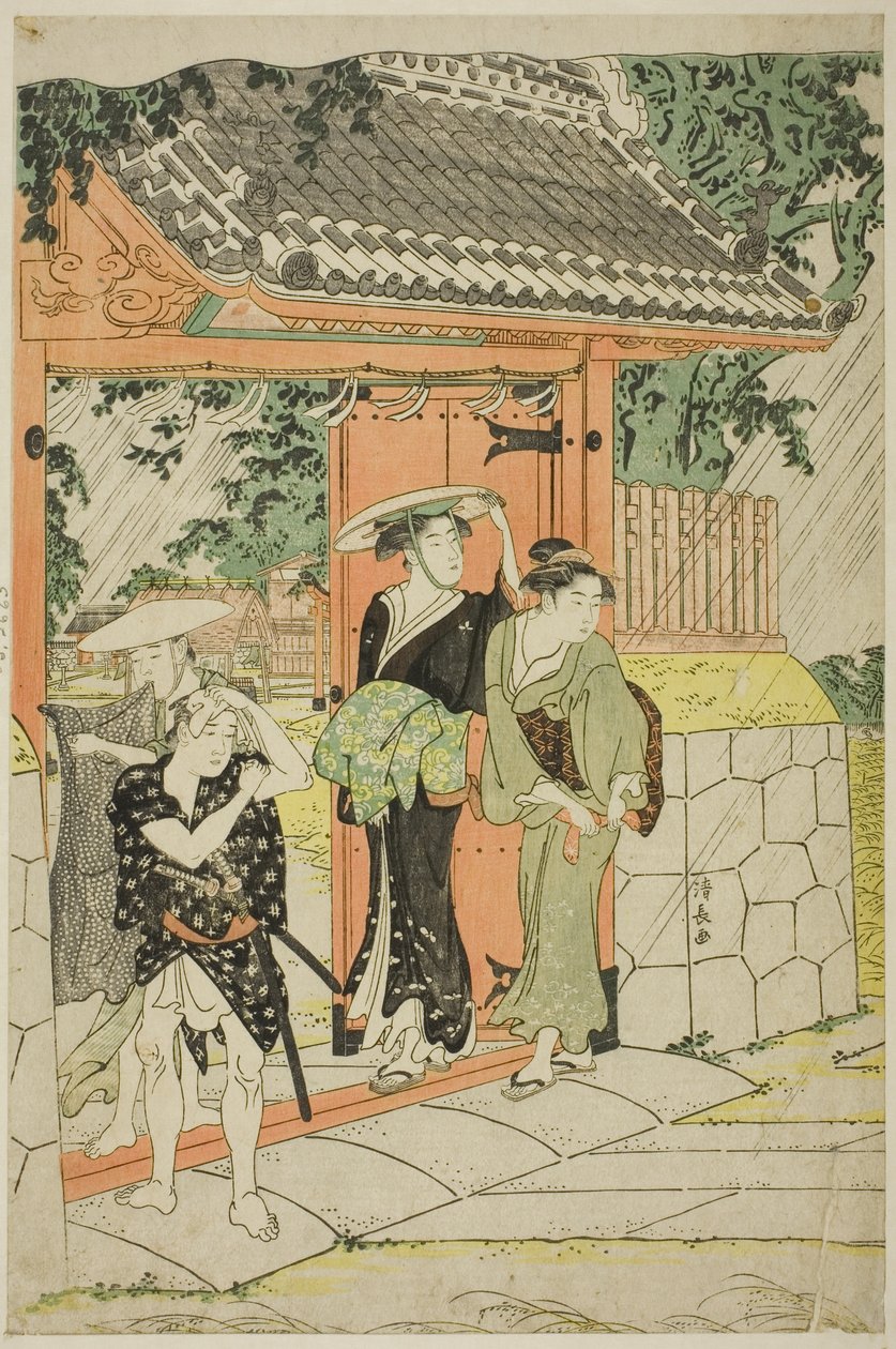 Plotselinge regenbui bij de Mimeguri-schrijn door Torii Kiyonaga
