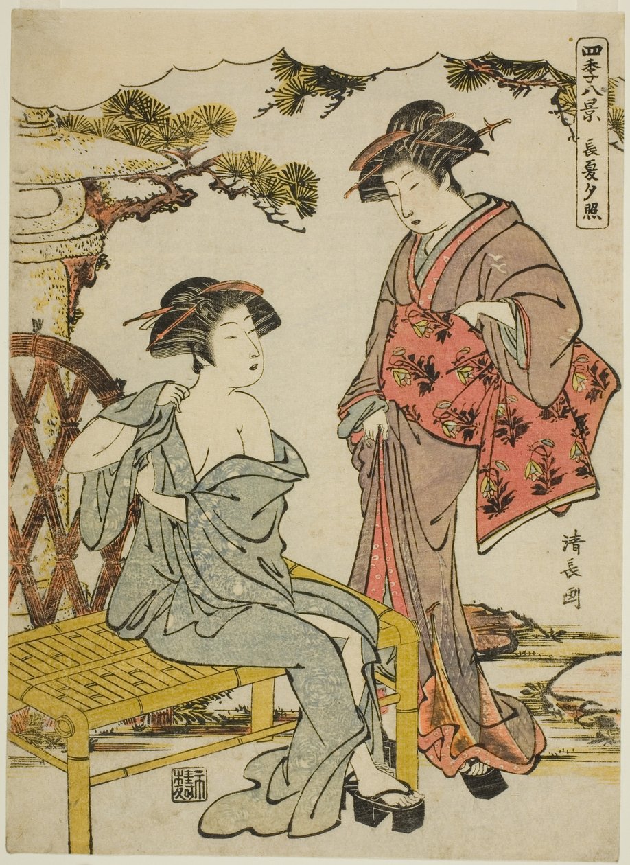 Zomergloed bij zonsondergang (Choka no sekisho), uit de serie "Acht scènes van de vier seizoenen (Shiki hakkei)" door Torii Kiyonaga