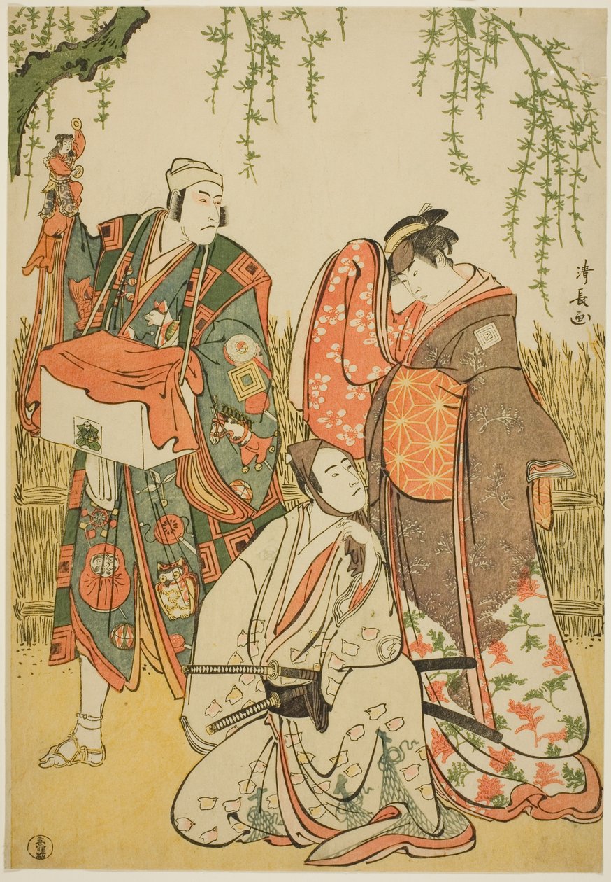 De acteurs Ichikawa Yaozo III als Shiragiku, Ichikawa Danjuro V als de poppenspeler Dekurokubei, en Sawamura Sojuro III als Soga no Juro, in de joruri "Shinobukoi Yanagi no Katsura Otoko," uitgevoerd in het Nakamura Theater in de eerste maand, 1785 door Torii Kiyonaga