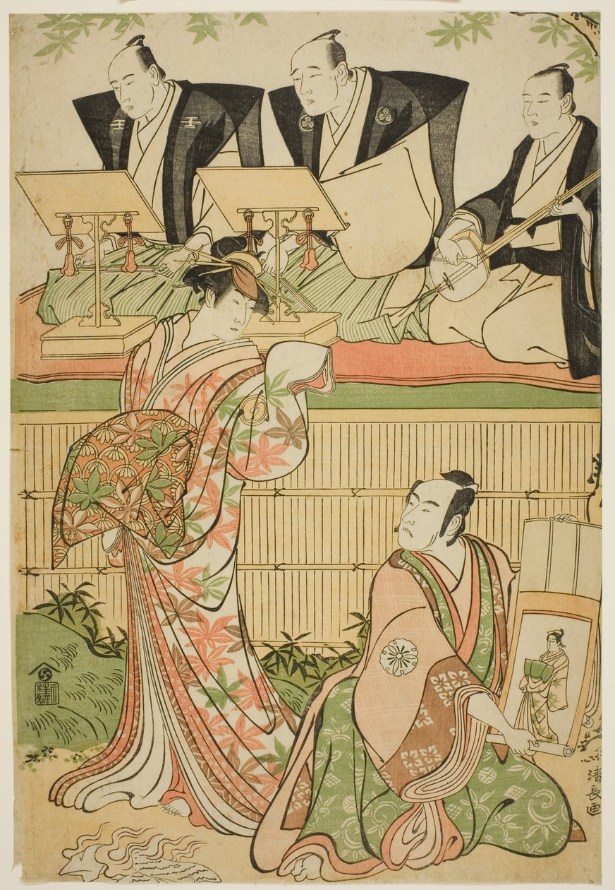 De Acteurs Matsumoto Koshiro IV als Ukita Sakingo en Sawamura Sojuro III als de geest van de courtisane Takao, in het stuk "Ominaeshi Sugata no Hatsuaki," opgevoerd in het Nakamura Theater, 1788 door Torii Kiyonaga