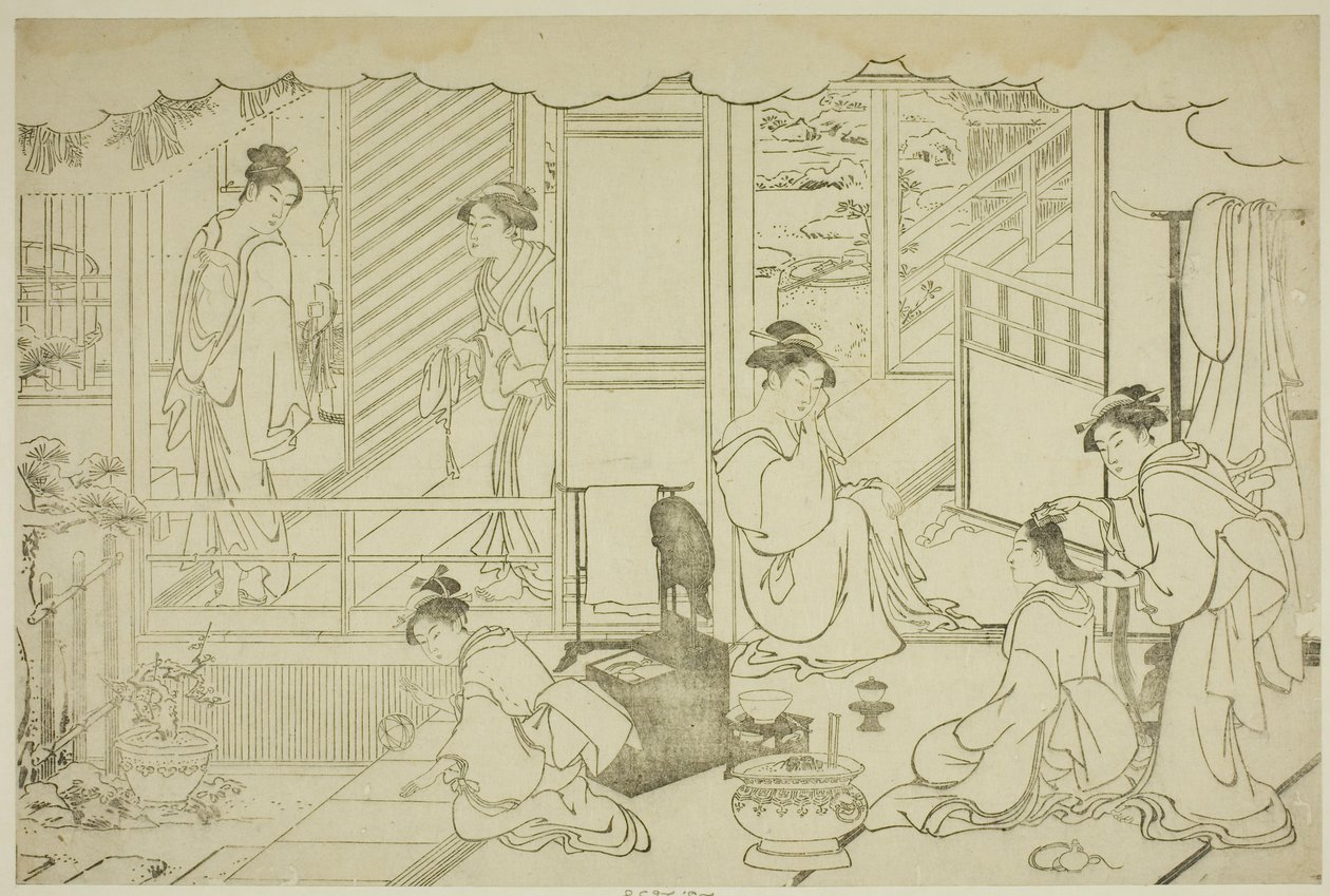 Het eerste bad van het nieuwe jaar (Yudono hajime), uit het geïllustreerde boek "Kleuren van de Drievoudige Dageraad (Saishiki mitsu no asa)" door Torii Kiyonaga