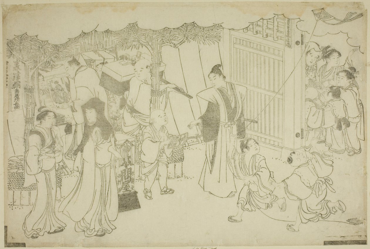 De eerste dag van zaken (Akinai hajime), uit het geïllustreerde boek "Kleuren van de Drievoudige Dageraad (Saishiki mitsu no asa)" door Torii Kiyonaga