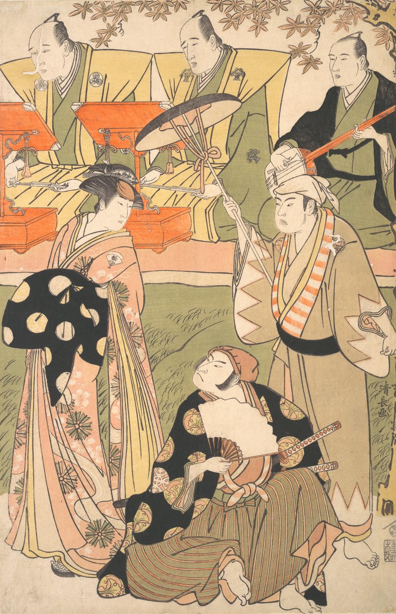 Theaterscène, met Muzikanten door Torii Kiyonaga