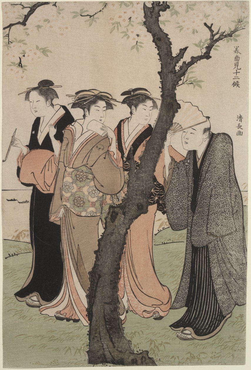 Derde maand: Kersenbloesemtijd in Gotenyama door Torii Kiyonaga