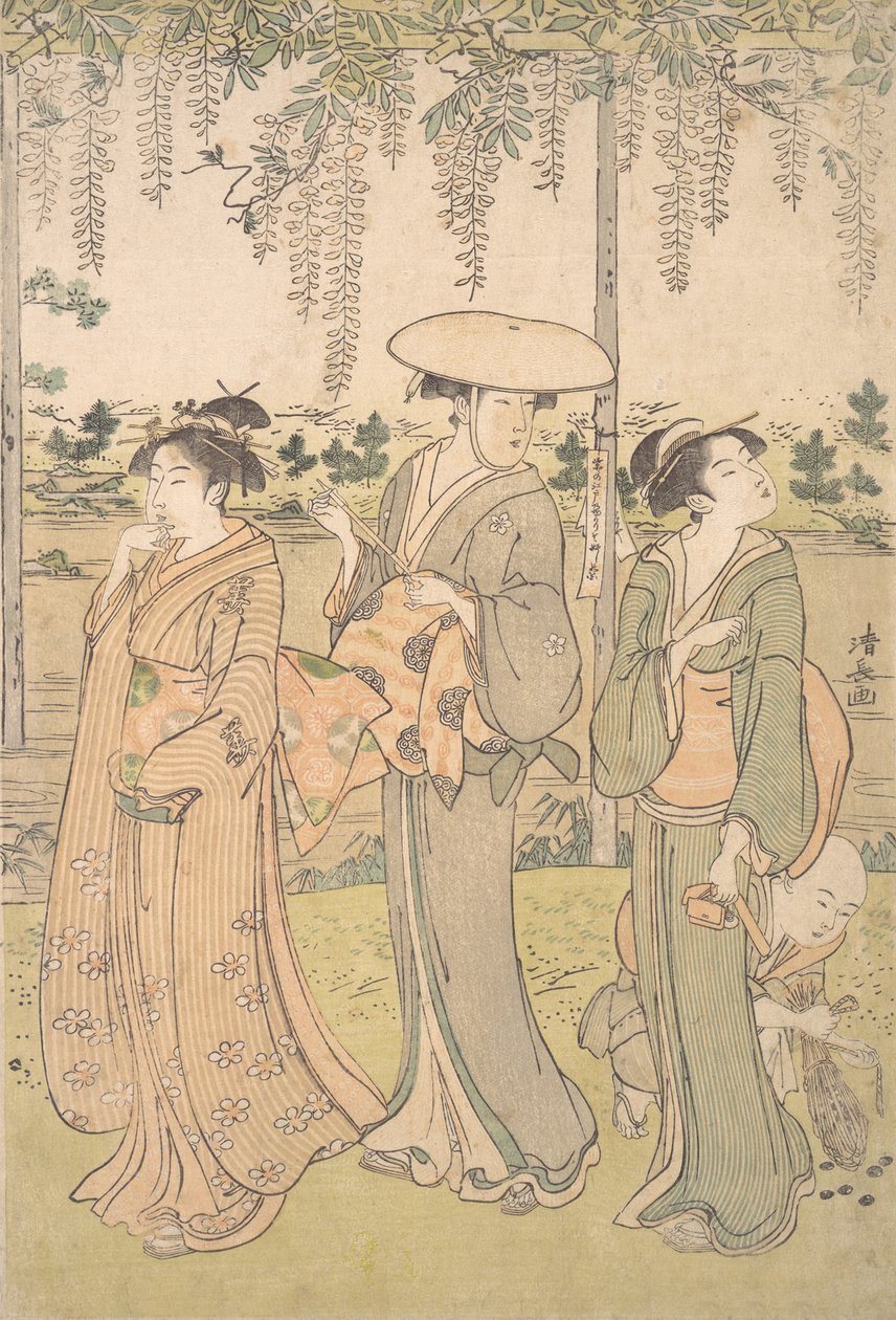 Drie Vrouwen en een Kleine Jongen onder een Wisteria Prieel aan de Oever van een Stroom, ca. 1790 door Torii Kiyonaga