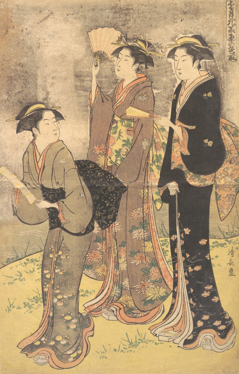 Drie Jonge Vrouwen Wandelend aan de Oever van de Sumida Rivier door Torii Kiyonaga