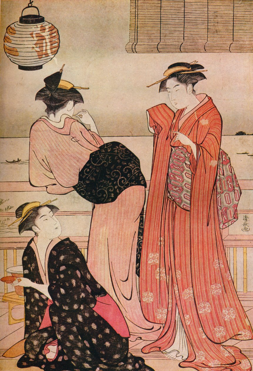 Drie meisjes op de veranda van een theehuis met uitzicht op Edo Bay in Shinagawa, c1752-1815 door Torii Kiyonaga