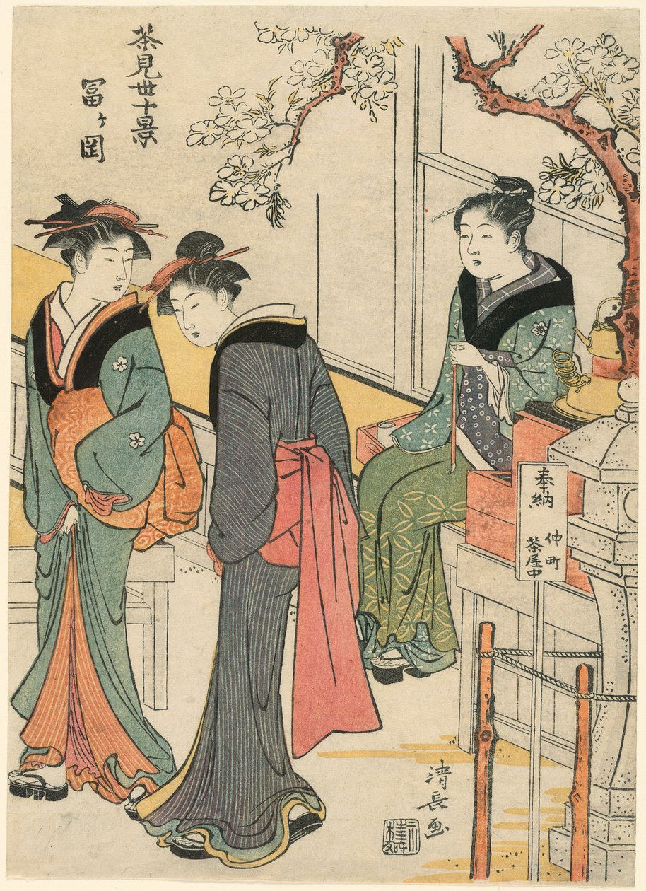 Tomigaoka, uit de serie "Tien scènes van theehuisjes (Chamise jikkei)" door Torii Kiyonaga