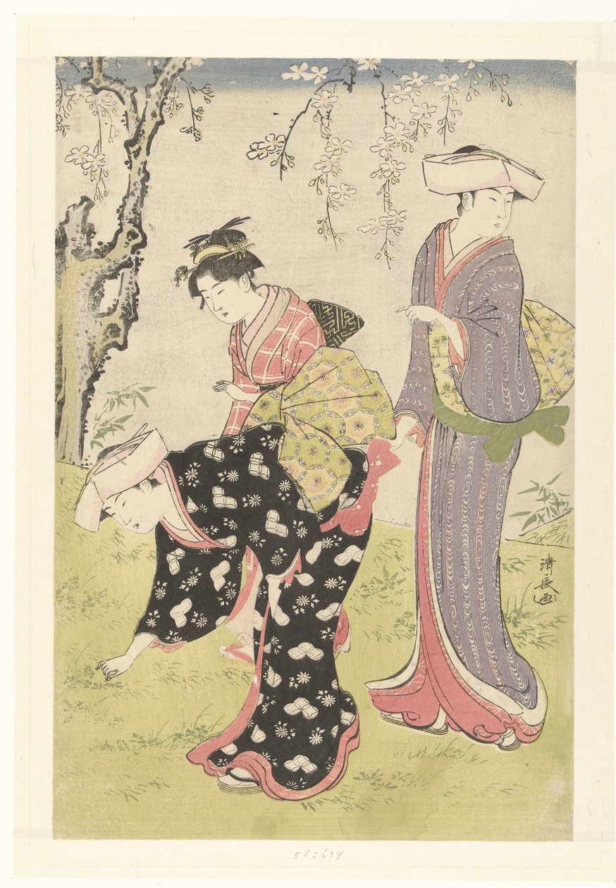 Twee vrouwen en een meisje onder een bloesemende kersenboom (Brokaten met gewoonten en gebruiken in het Oosten) door Torii Kiyonaga