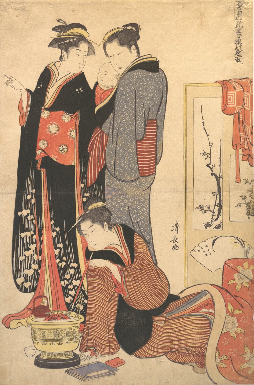 Twee Vrouwen Staand, Een Kind Vasthoudend, ca. 1785 door Torii Kiyonaga