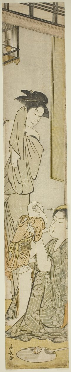Twee vrouwen en een kind na een bad door Torii Kiyonaga