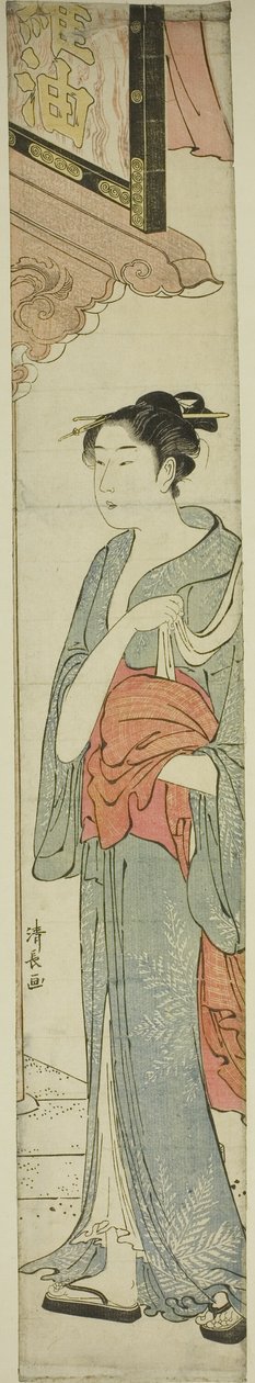 Vrouw die onder een winkelsign loopt door Torii Kiyonaga