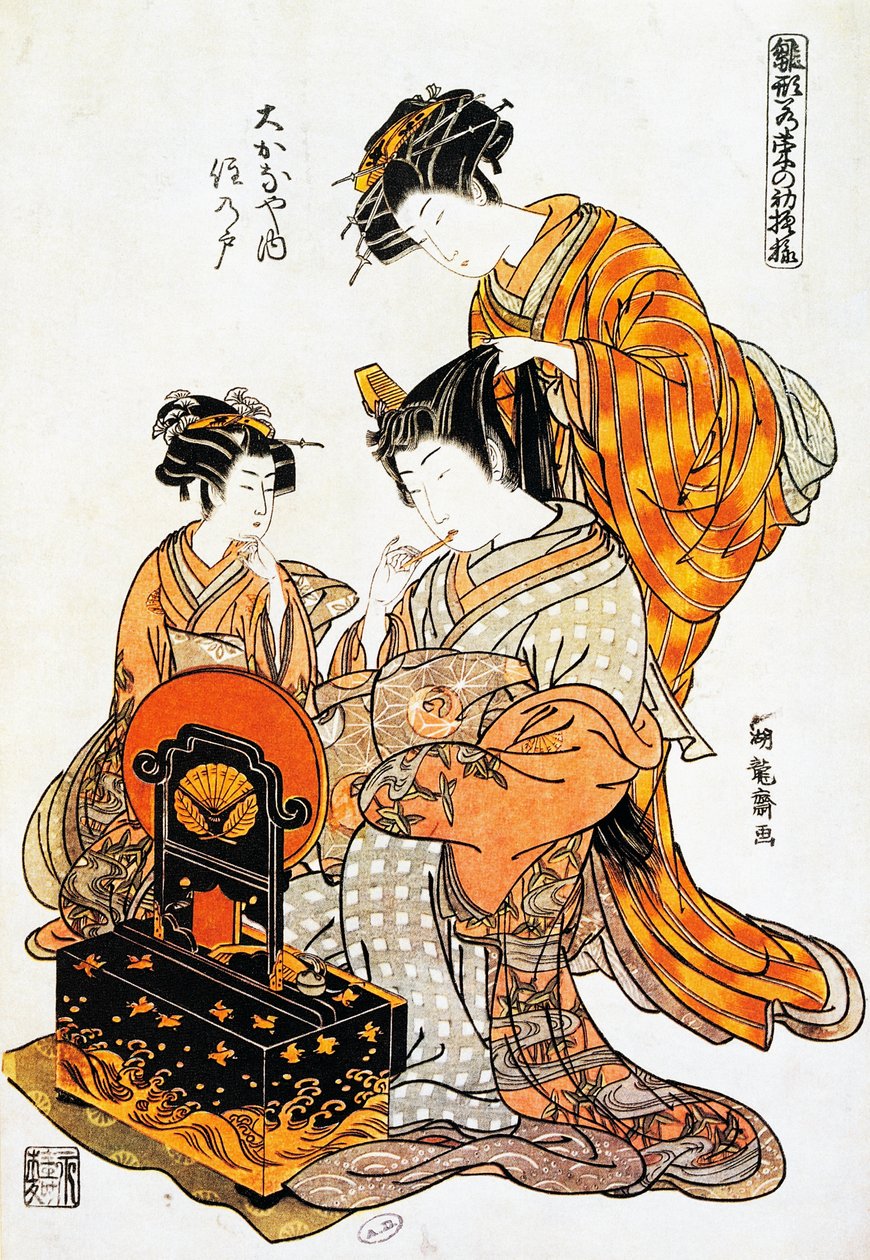 Vrouw voor spiegel terwijl haar haar wordt gekamd, ukiyo-e kunstprent door Torii Kiyonaga, houtsnede, Japanse beschaving, Edo periode door Torii Kiyonaga