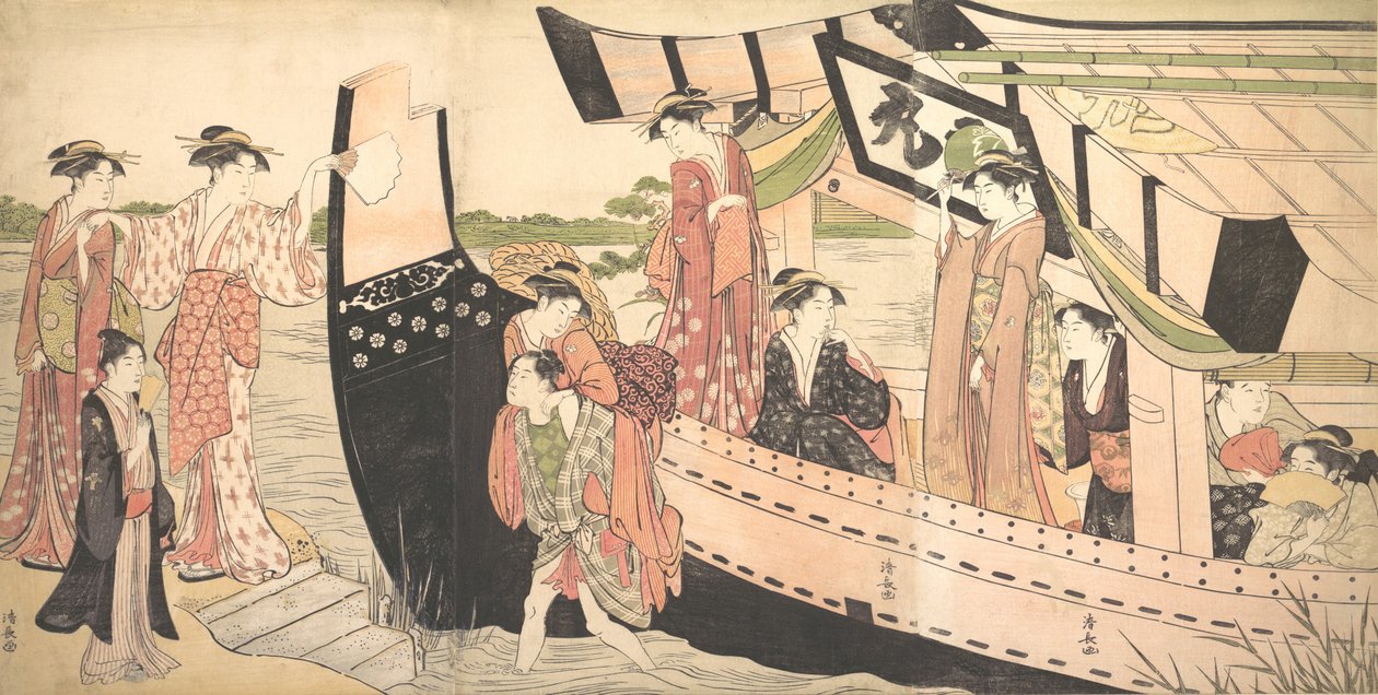 Vrouwen die van een plezierboot aan land gaan bij Mukojima aan de Sumida-rivier, ca. 1785 door Torii Kiyonaga