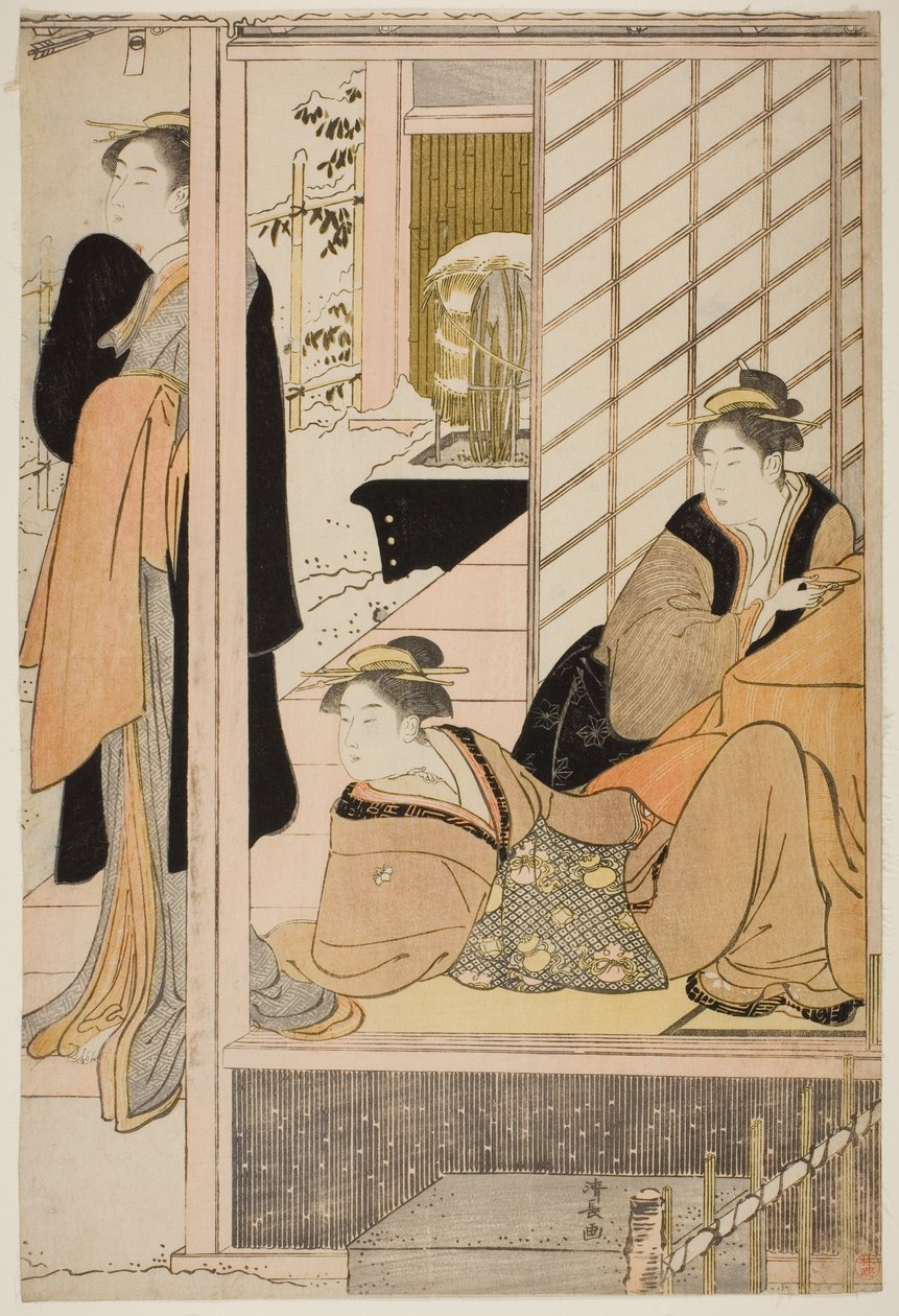 Vrouwen die een Besneeuwde Tuin Bekijken vanuit een Salon door Torii Kiyonaga