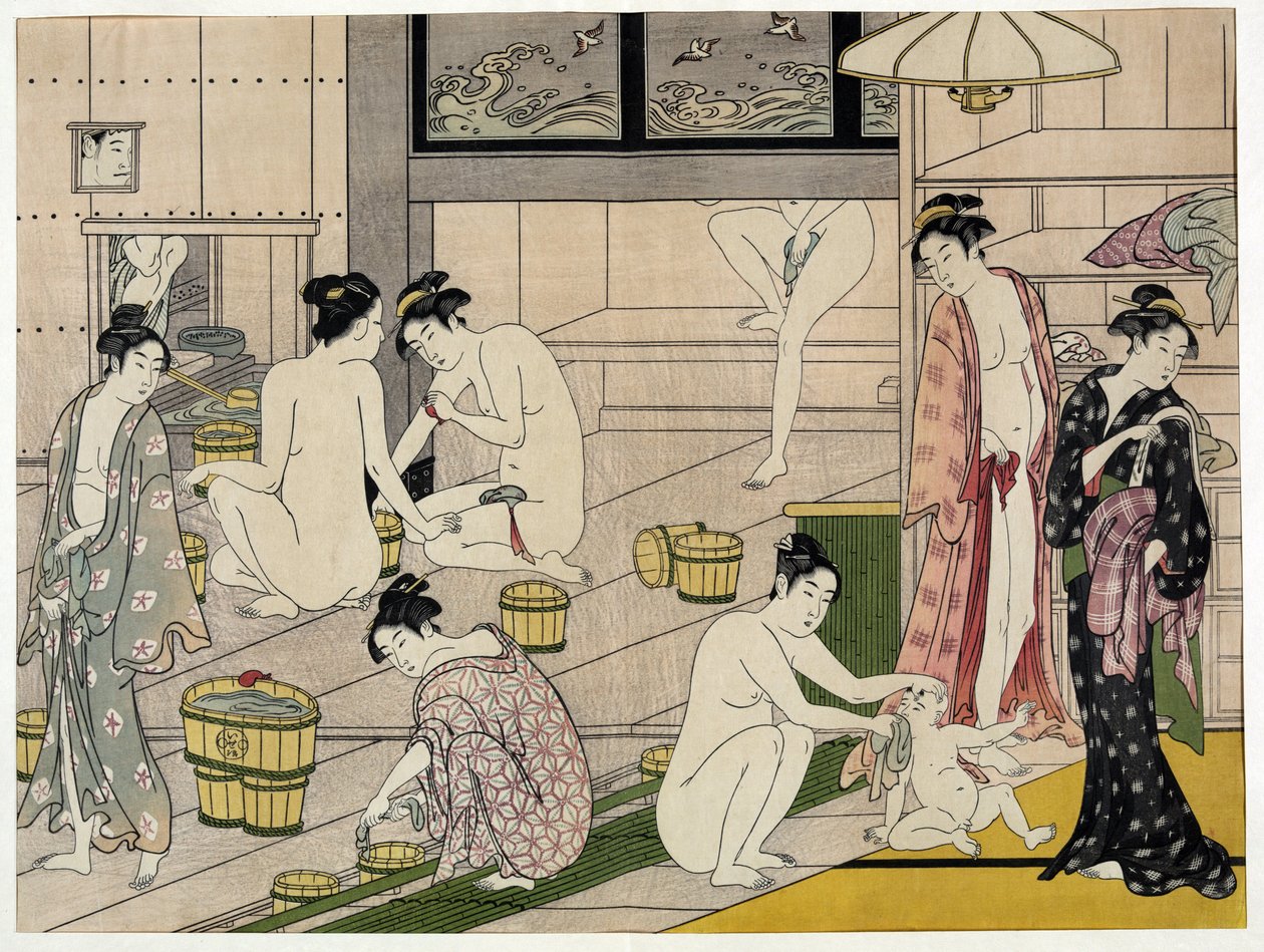 Vrouwen in een openbaar bad. Japanse prent door Torii Kiyonaga (1752-1815), circa 1785. Torii School (ukiyo-e) door Torii Kiyonaga