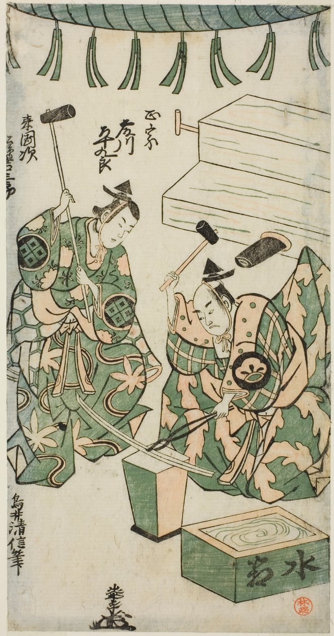 De acteurs Fujikawa Heikuro als Masamune en Matsushima Kichisaburo als Rai Kunitsugu in het stuk "Shin Usuyuki Monogatari," uitgevoerd in het Nakamura Theater in de zesde maand, 1746 door Torii Kiyonobu II