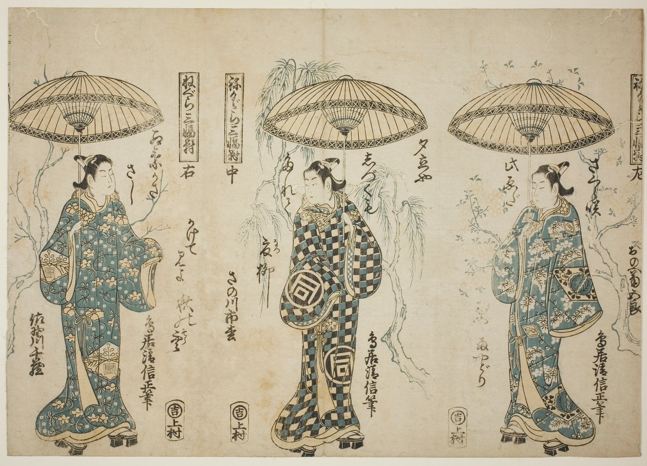 De Acteurs Onoe Kikugoro I (rechts), Sanogawa Ichimatsu I (midden), en Sanogowa Senzo (links), uit de triptiek "Negura sanpukutsui" door Torii Kiyonobu II