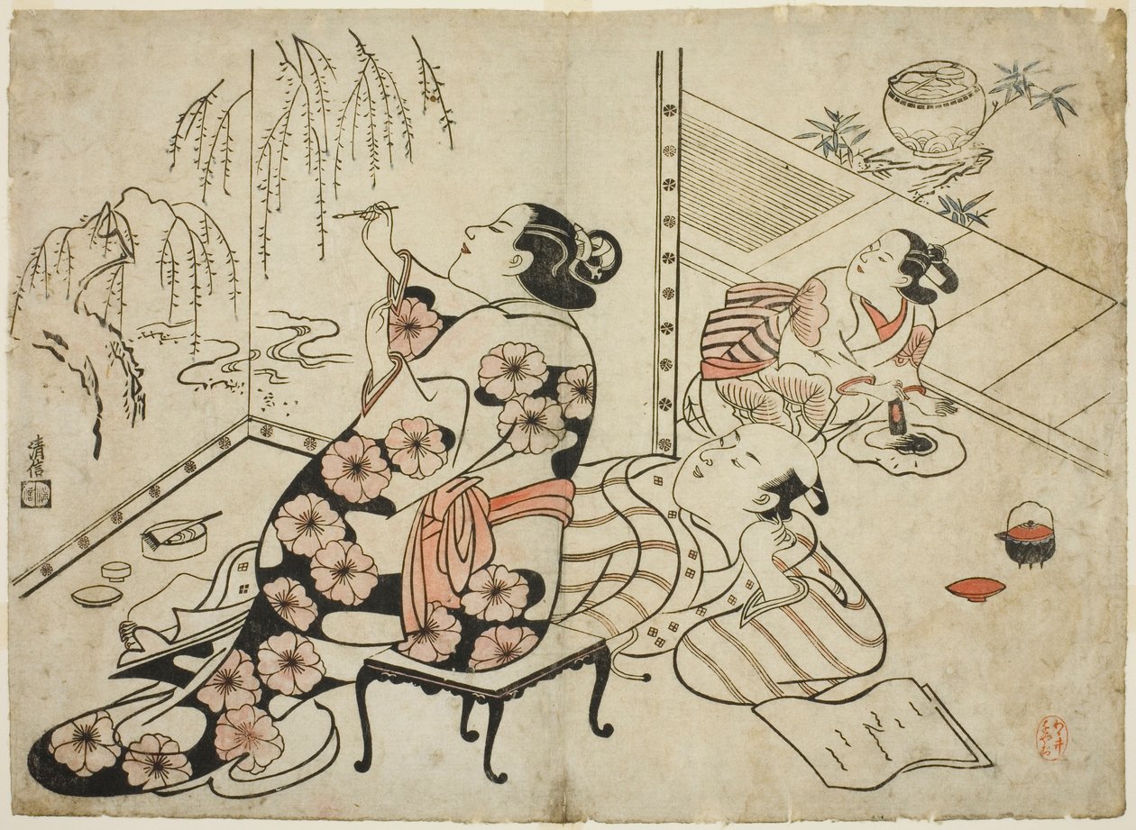 Courtisane Schildert een Scherm, uit een serie van 12 erotische prenten door Torii Kiyonobu I