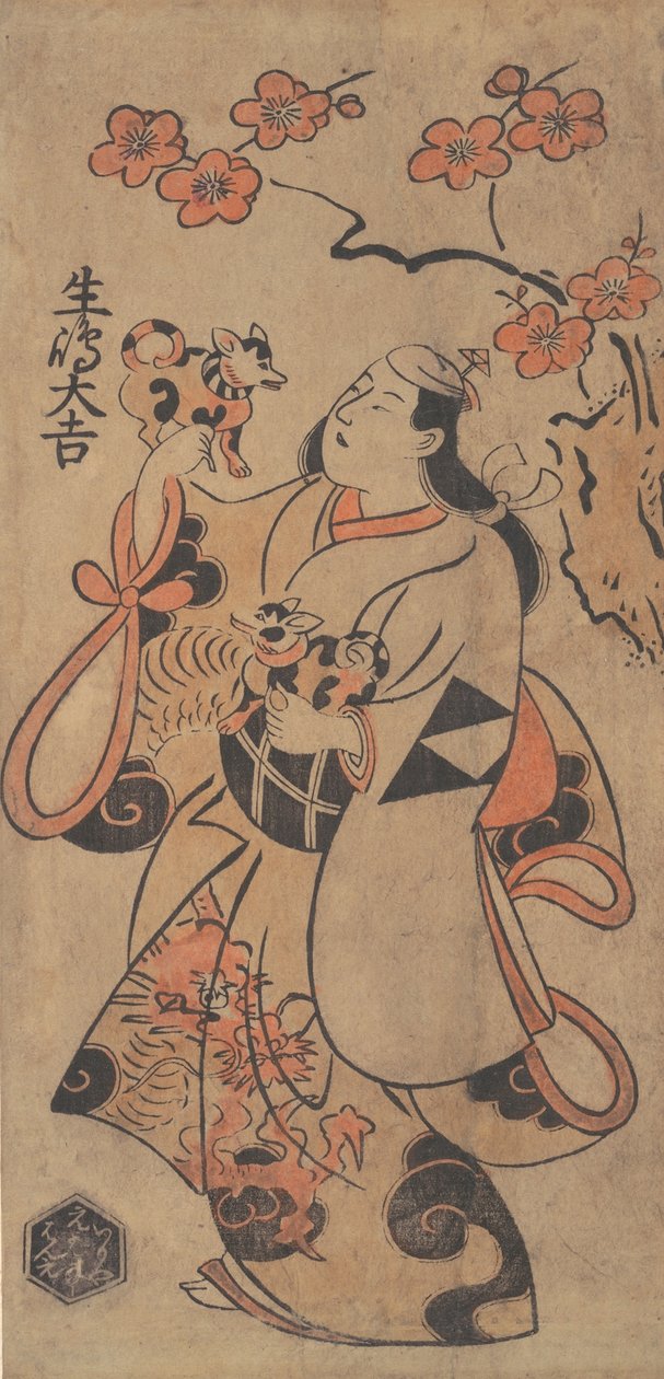 De acteur Ikushima Daikichi als een vrouw onder een ume-boom, ca. 1705 door Torii Kiyonobu I