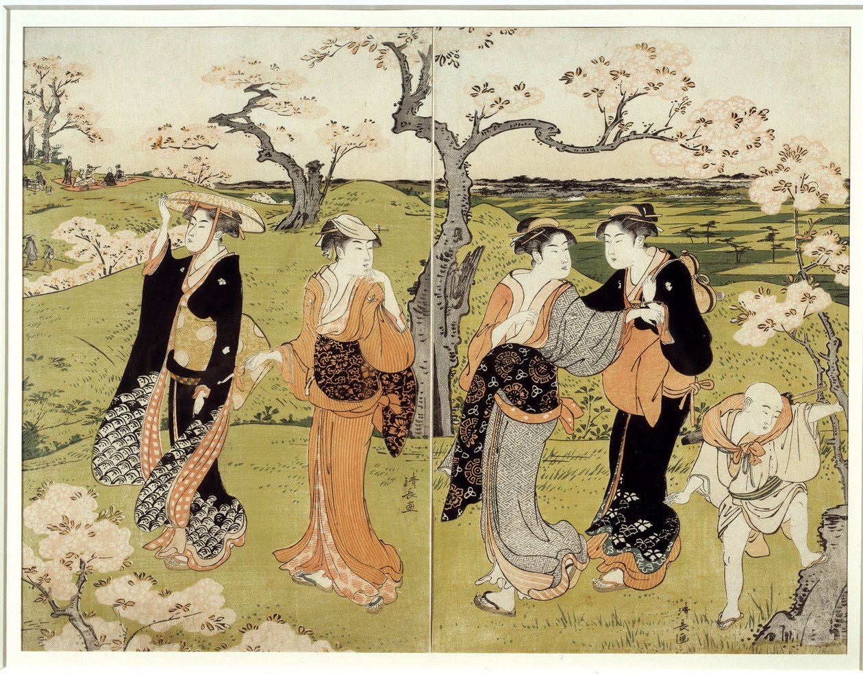 Picknick onder kersenbloesems in Assaakayama. Japanse prent door Torii Kiyonaga (1752-1815), Ukiyo-E stijl door Torii Kuyonaga