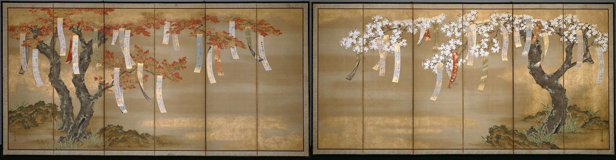 Bloeiende Kers en Herfst Esdoorns met Gedichtstroken door Tosa Mitsuoki